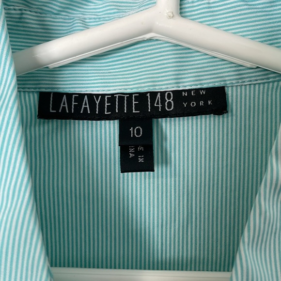 Lafayette 148 New York NWOT Striped Blue/White Ruffled Button Down Size 10 - Picture 2 of 8